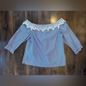 ELLE Off Shoulder Blue Stripe Boho Top L | Floral Crochet Cottagecore Blouse